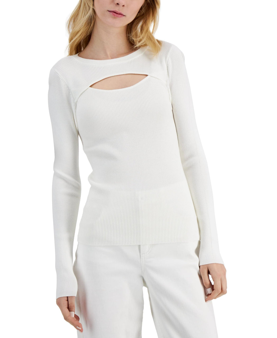 INC International Concepts Ribbed Cutout Crewneck Sweater