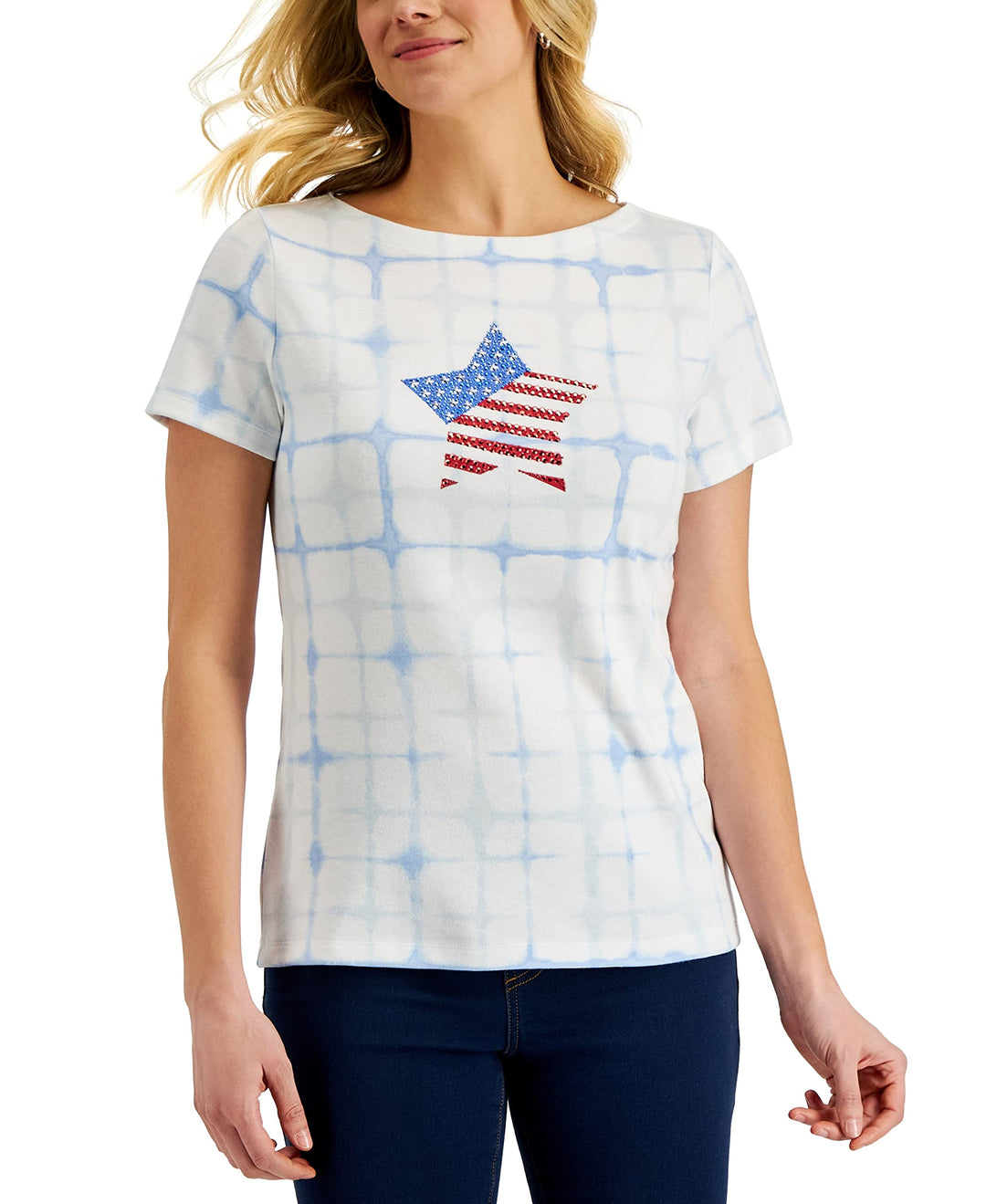 Karen Scott Petite Short Sleeve Star Flag Boatneck Top