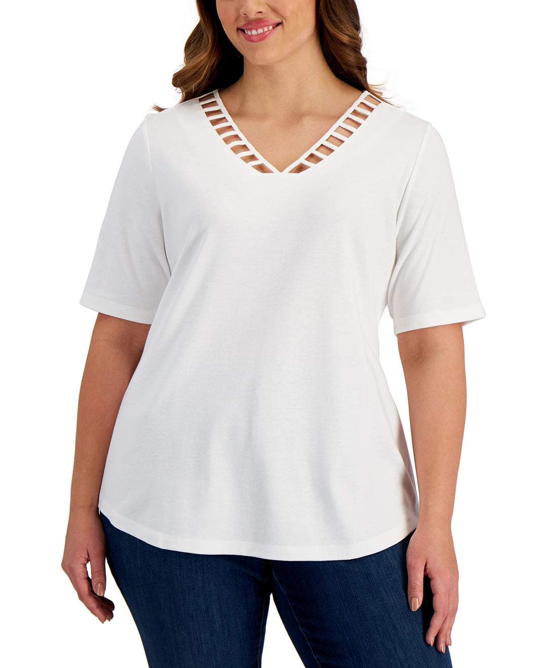 Karen Scott Plus Size Elbow Sleeve Ladder Cutout V Neck Top