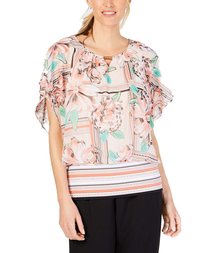 JM Collection Petite Printed Banded Blouson Top