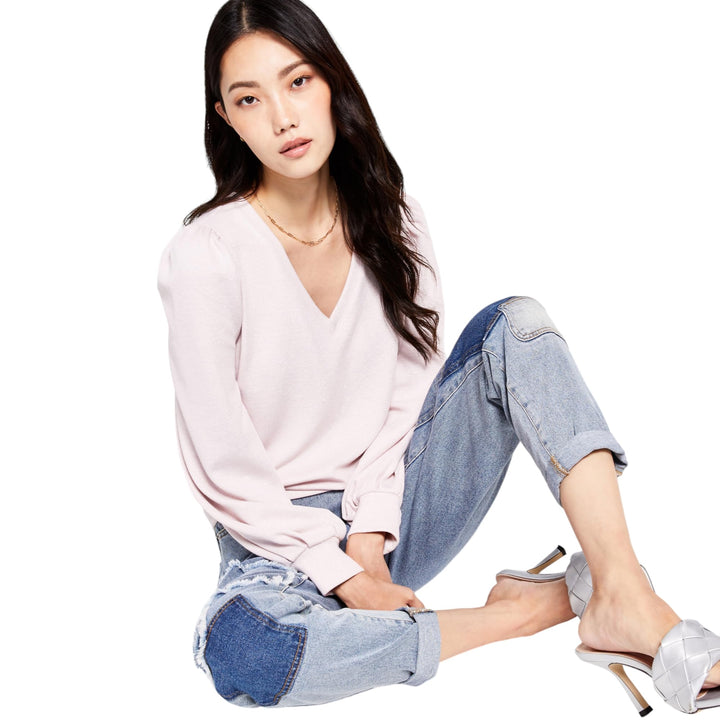 INC International Concepts Shimmering V Neck Blouson Sleeve Sweater