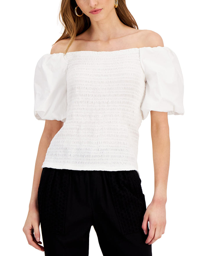 INC International Concepts Petite Smocked Off The Shoulder Balloon Sleeve Top