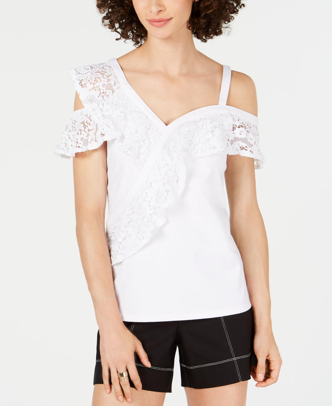 Lace Ruffle Cold Shoulder Top