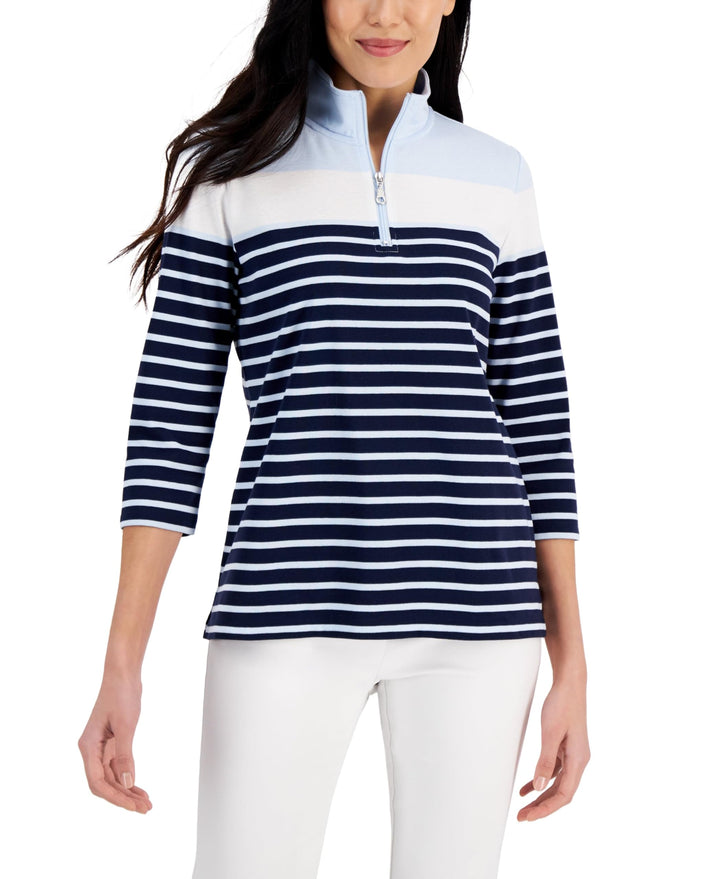 Karen Scott Striped Quarter Zip 3/4 Sleeve Top