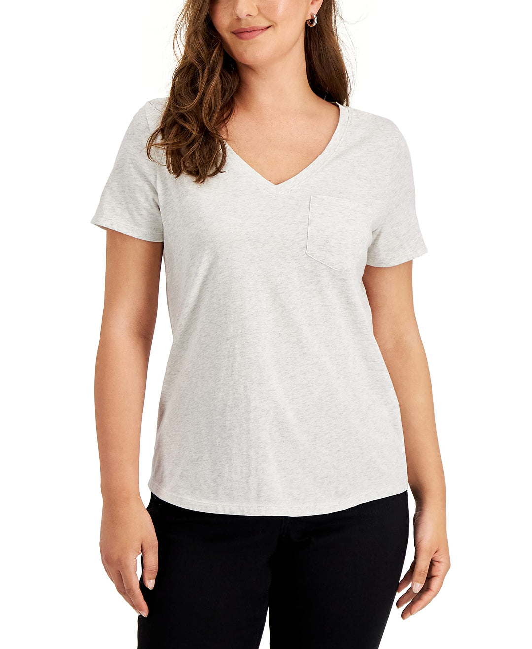 Style & Co Petite Cotton Heathered V Neck Pocket T-Shirt