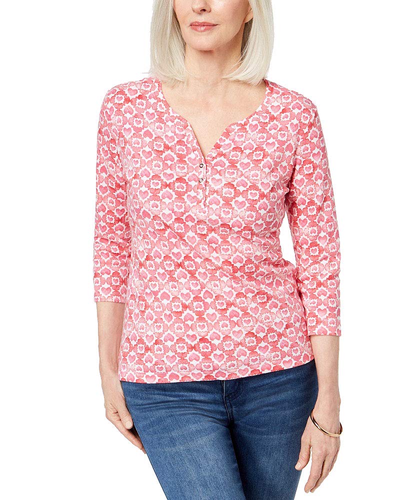 Karen Scott Petite Cotton Heart Print Henley T-Shirt