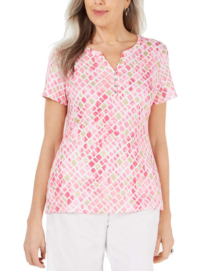Karen Scott Metallic Printed Henley T-Shirt