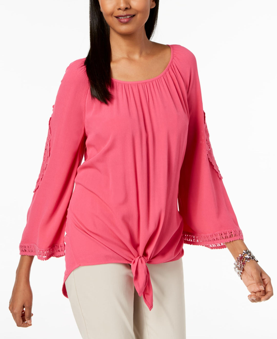 JM Collection Crochet Inset Tie Hem Top