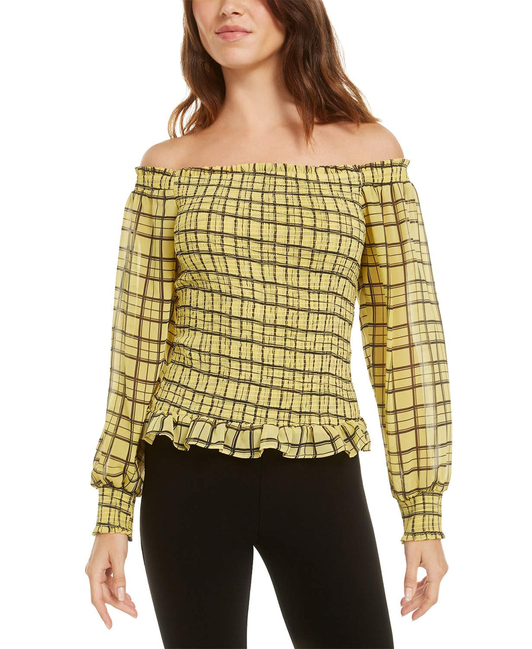 Bar III Plaid Smocked Peasant Top (Winter Plaid, XXL)