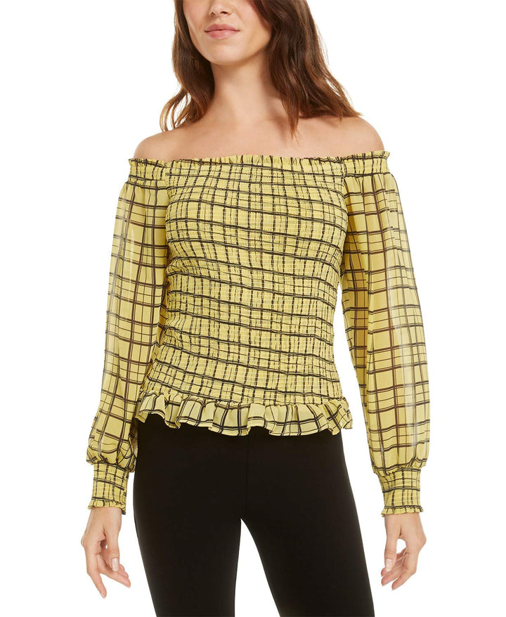 Bar III Plaid Smocked Peasant Top (Winter Plaid, XXL)