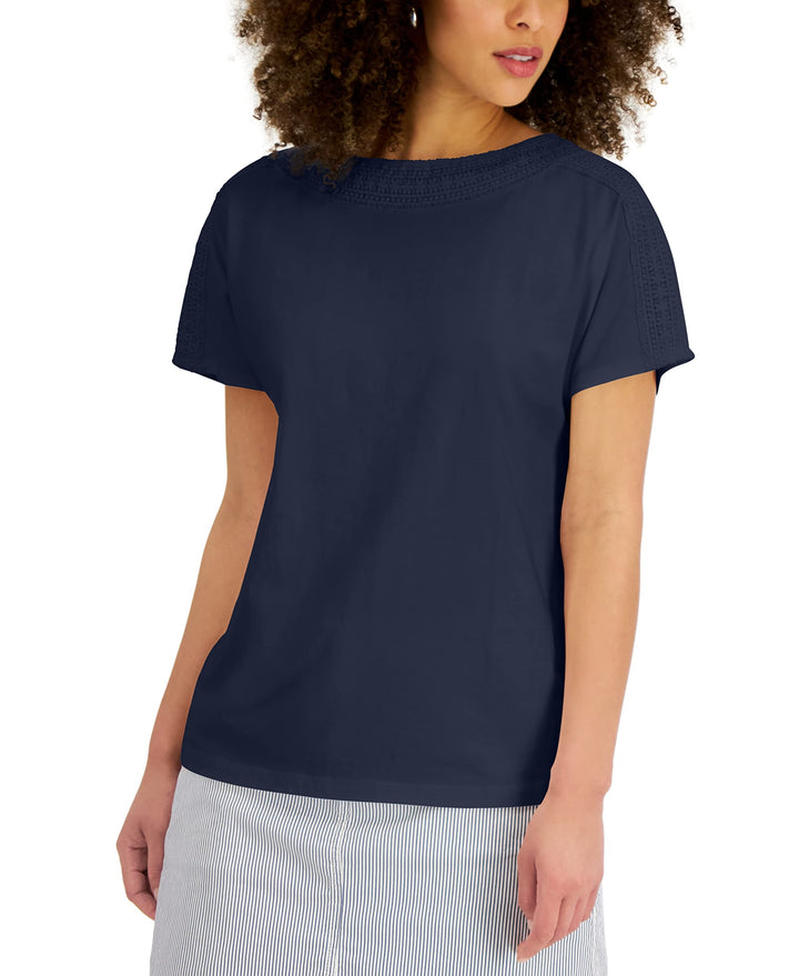 Karen Scott Womens Crochet Trim Top