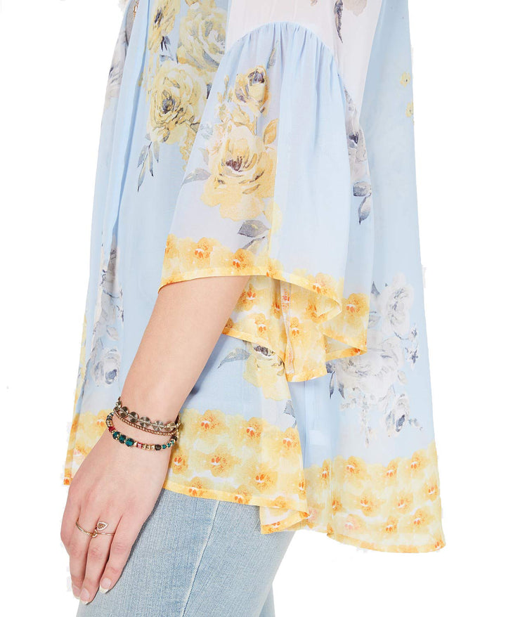 Floral-Print Flutter-Sleeve Kimono
