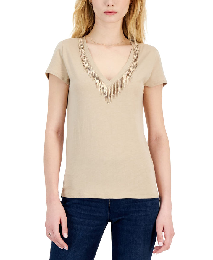 INC International Concepts Cotton Beaded Fringe Trim V Neck Top
