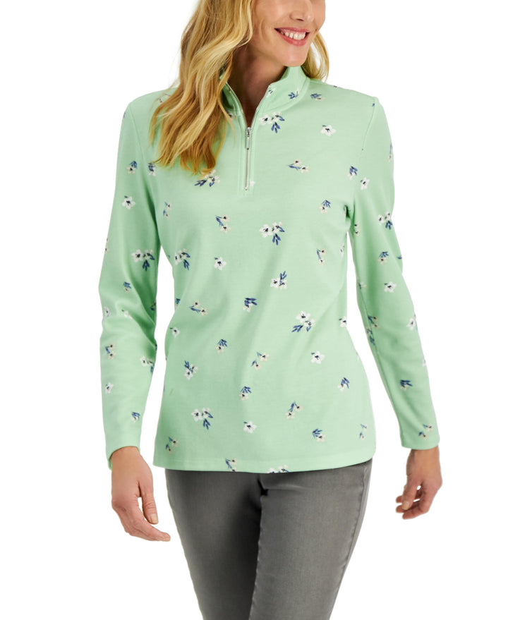 Karen Scott Fleece 1/4 Zip Cotton Blend Floral Long Sleeve Collared Pullover