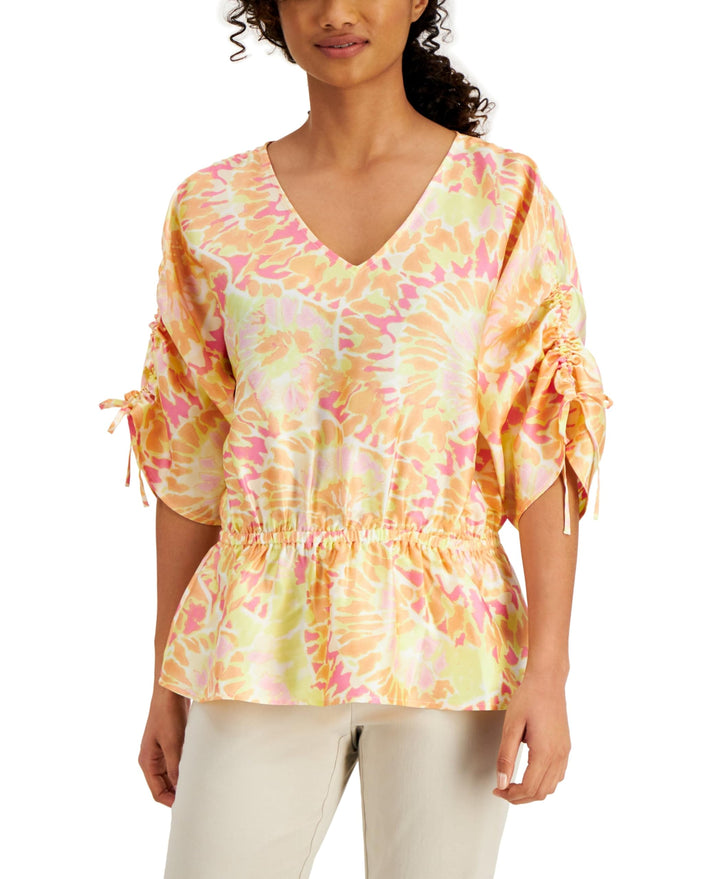 JM Collection Printed V Neck Gathered Waist Top
