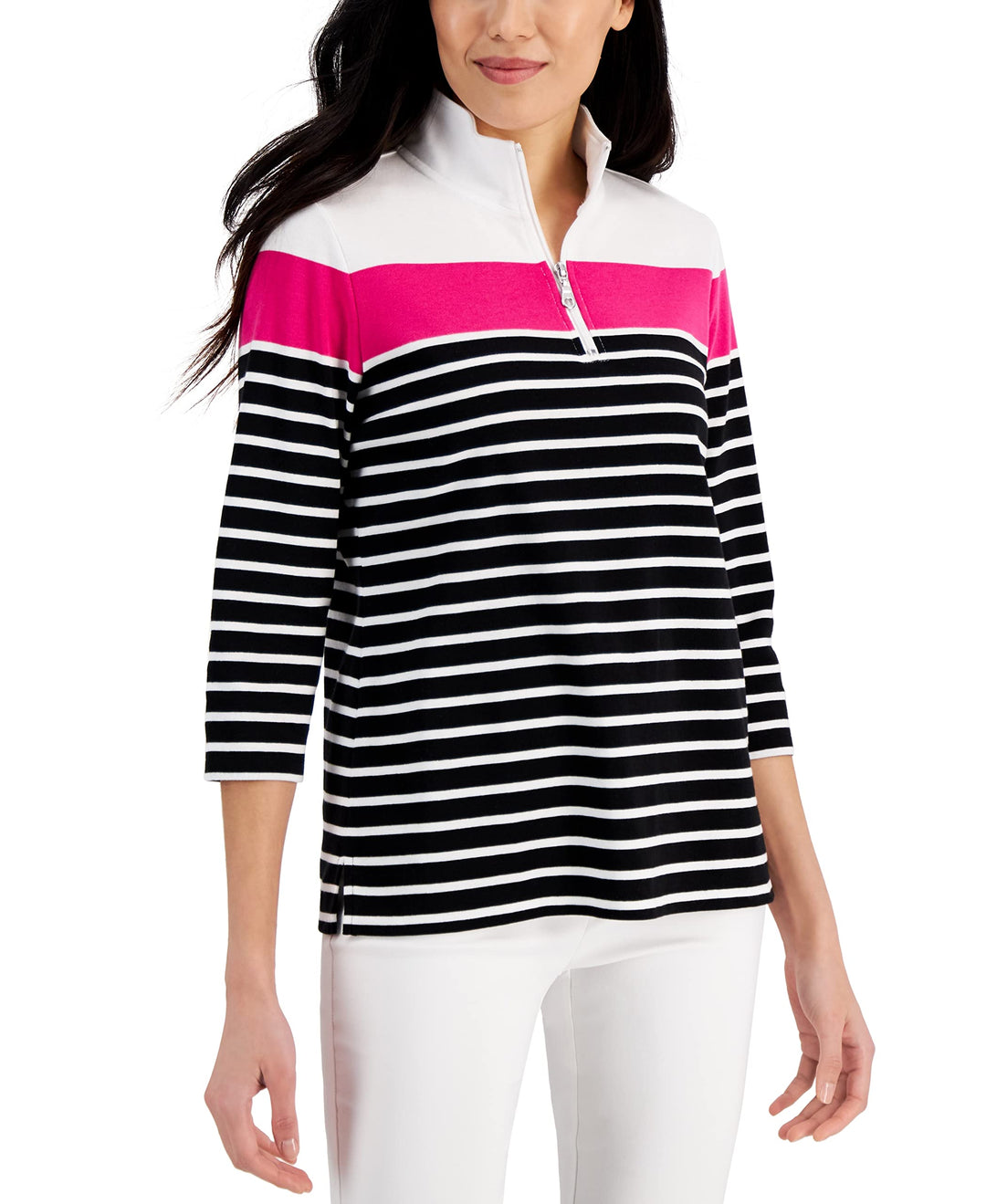 Karen Scott Striped Quarter Zip 3/4 Sleeve Top