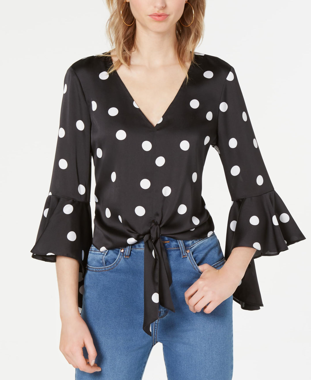 Bar III Dot Print Bell Sleeve Tie Hem Top