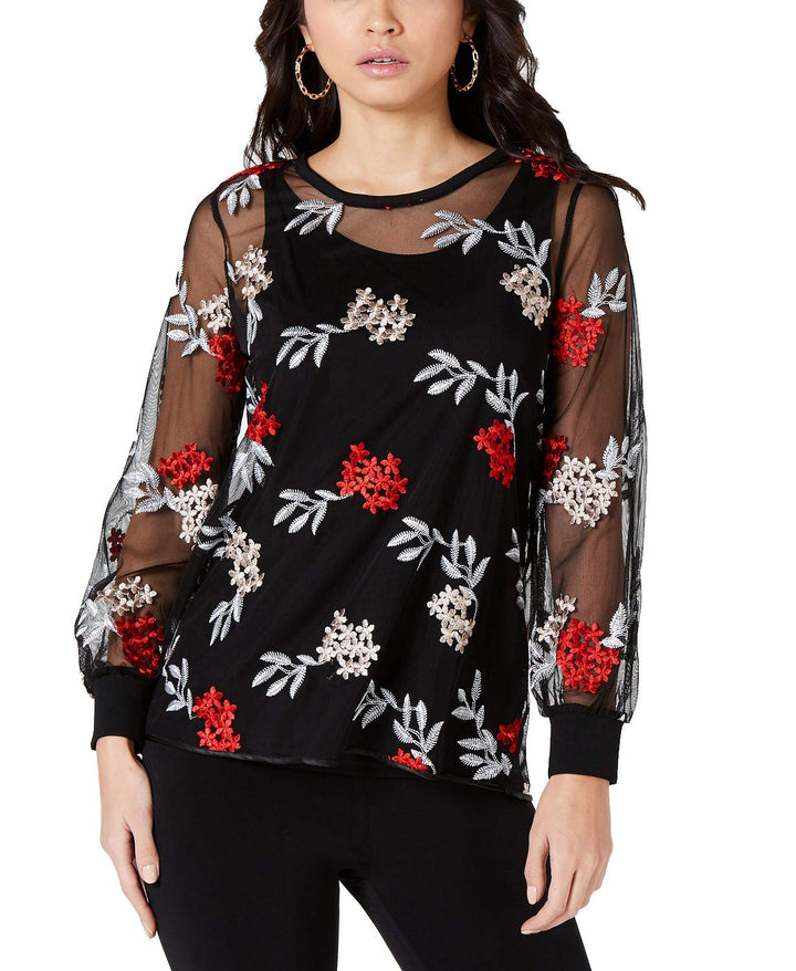 Embroidered Ribbed-Cuff Top