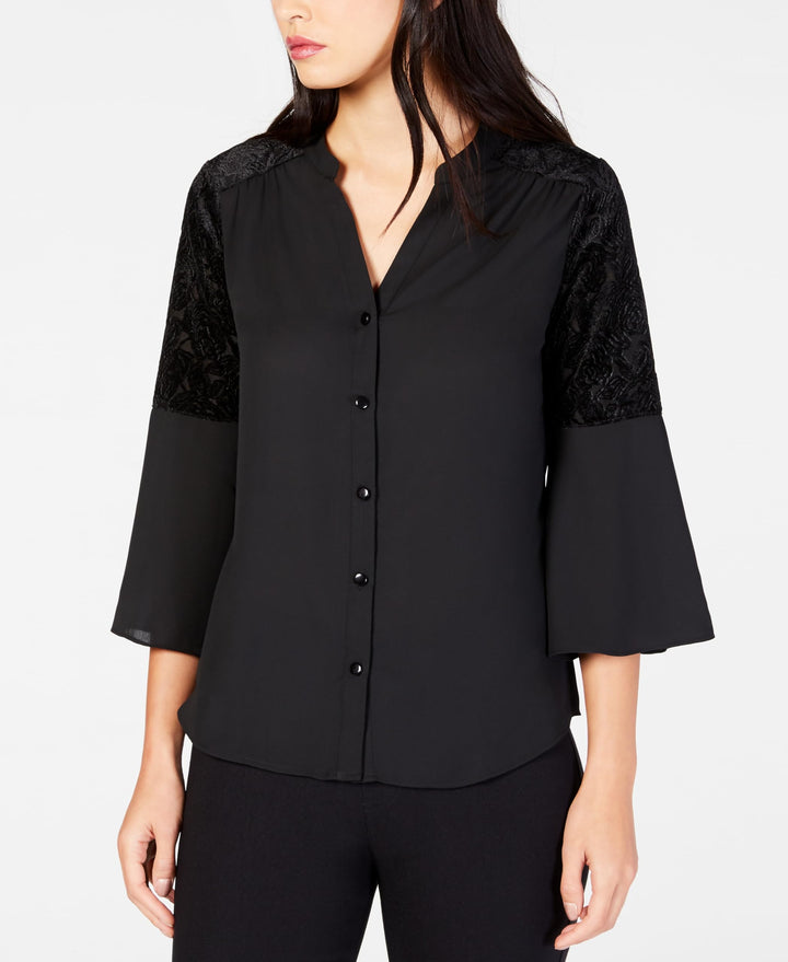 NY Collection Petite Bell Sleeve Velvet Burnout Blouse