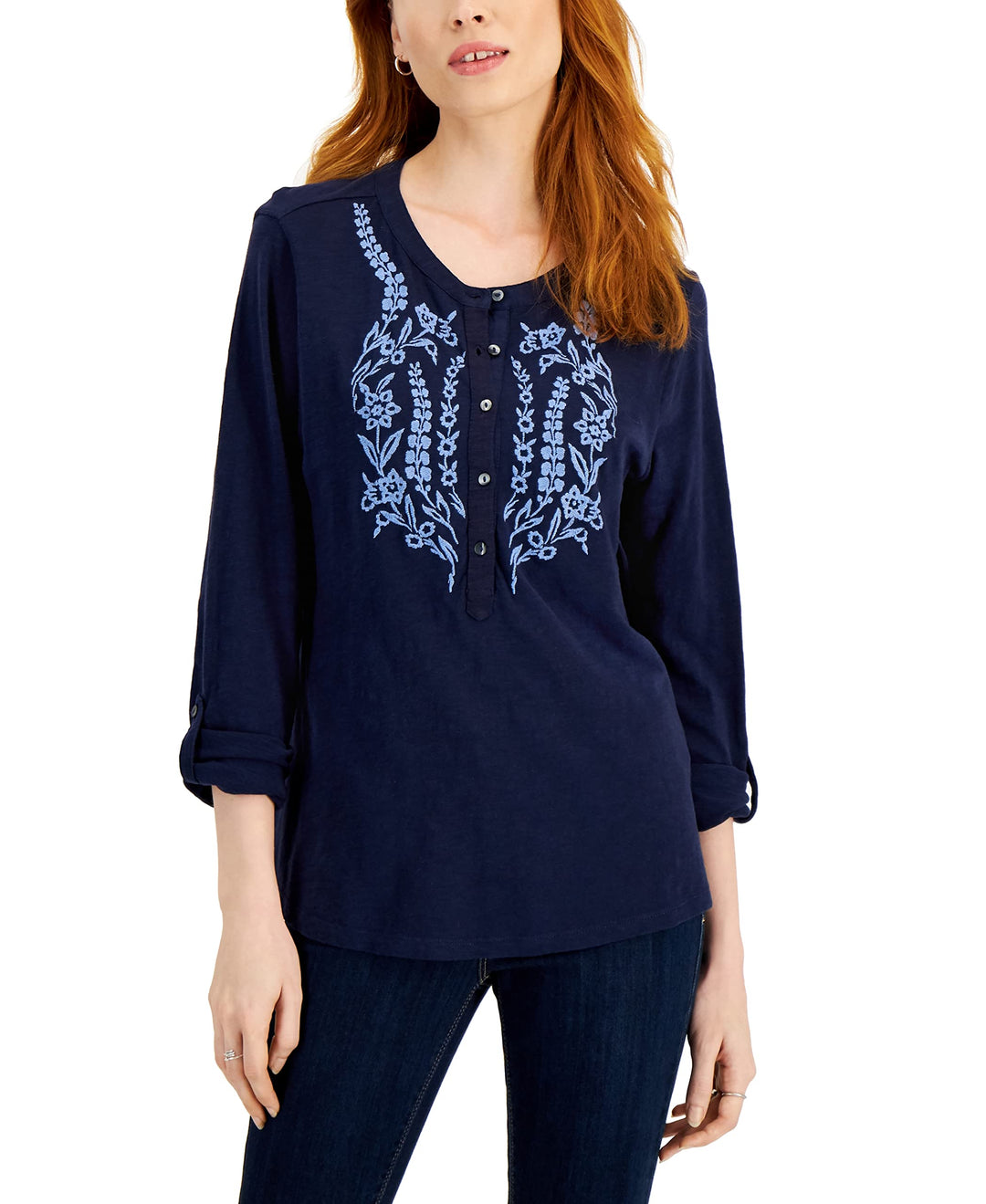 Style & Co Petite Cotton Embroidered Top