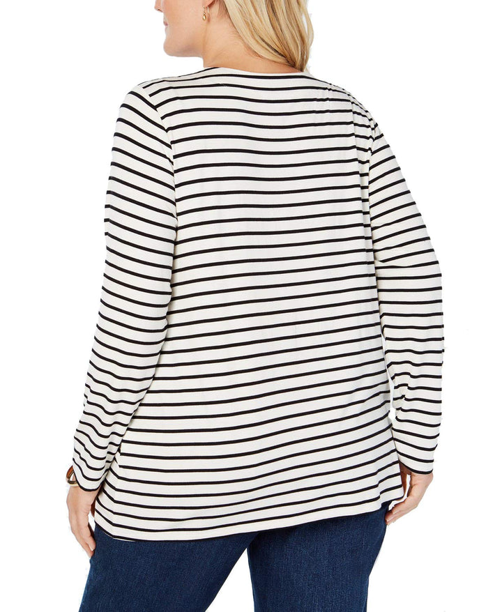Plus Size Striped Velvet-Tie Neck Top