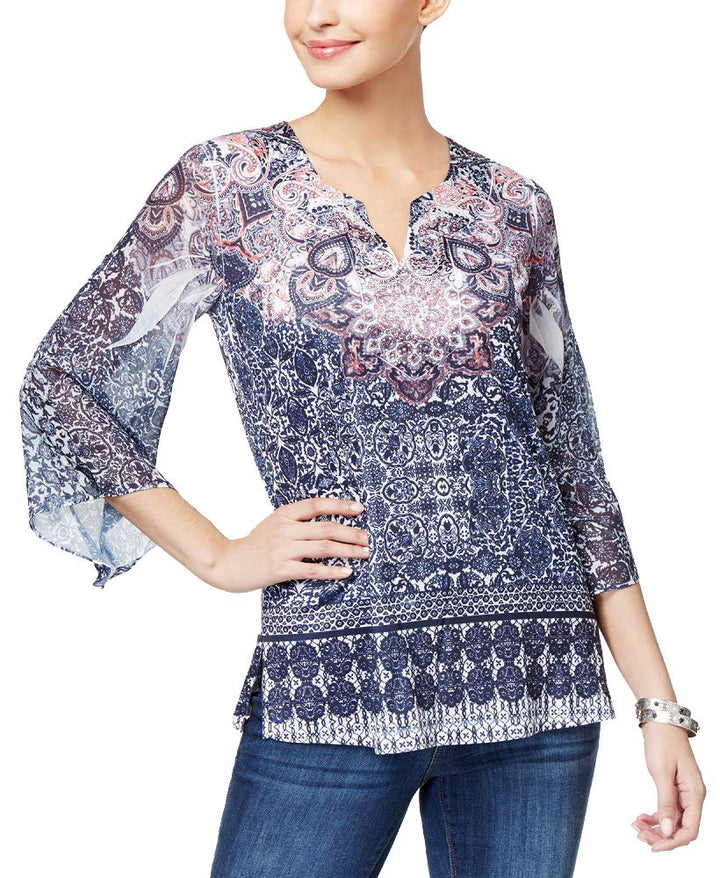 JM Collection Petite Printed Split Neck Tunic