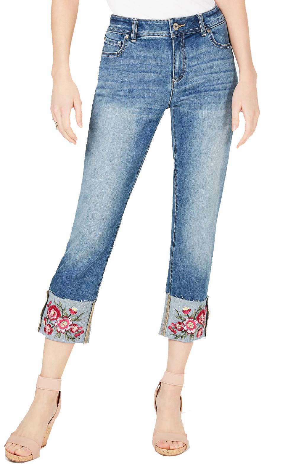 INC Embroidered-Flower Cropped Straight-Leg Jeans