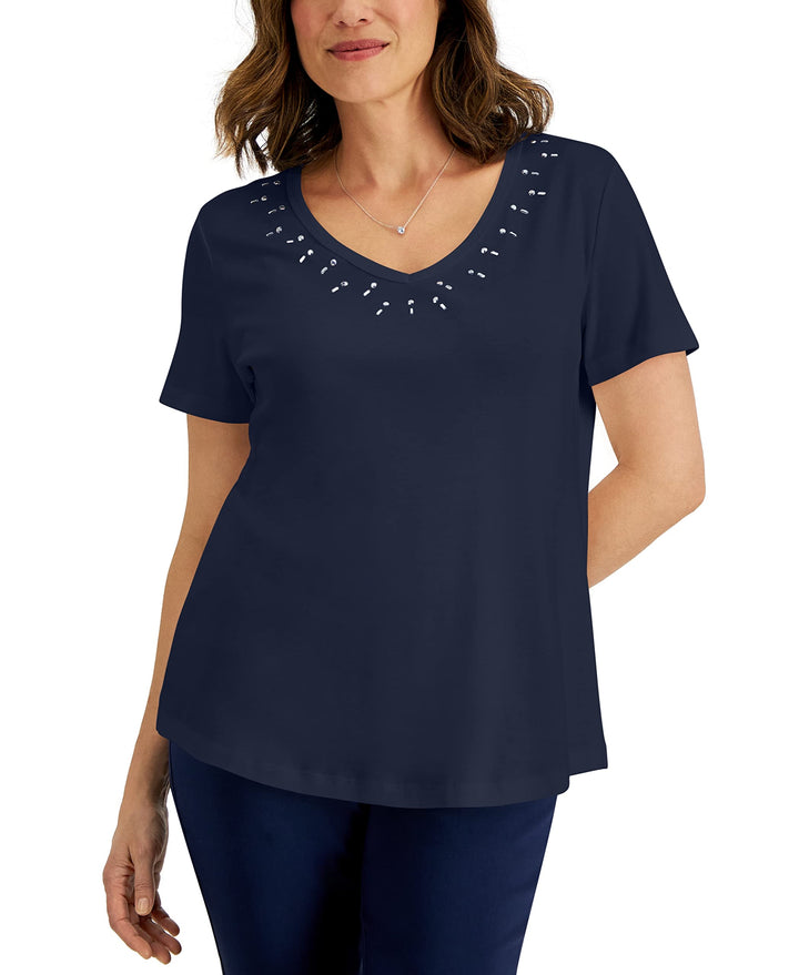 Karen Scott Womens Cotton Studded V Neck Top