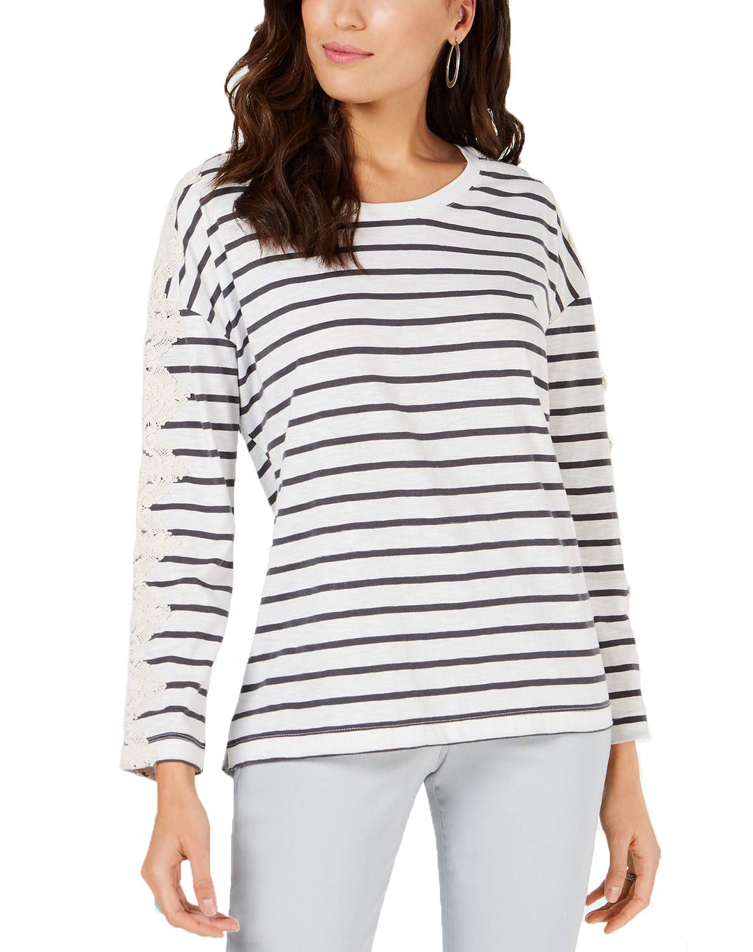Style & Co Striped Lace Trim Top