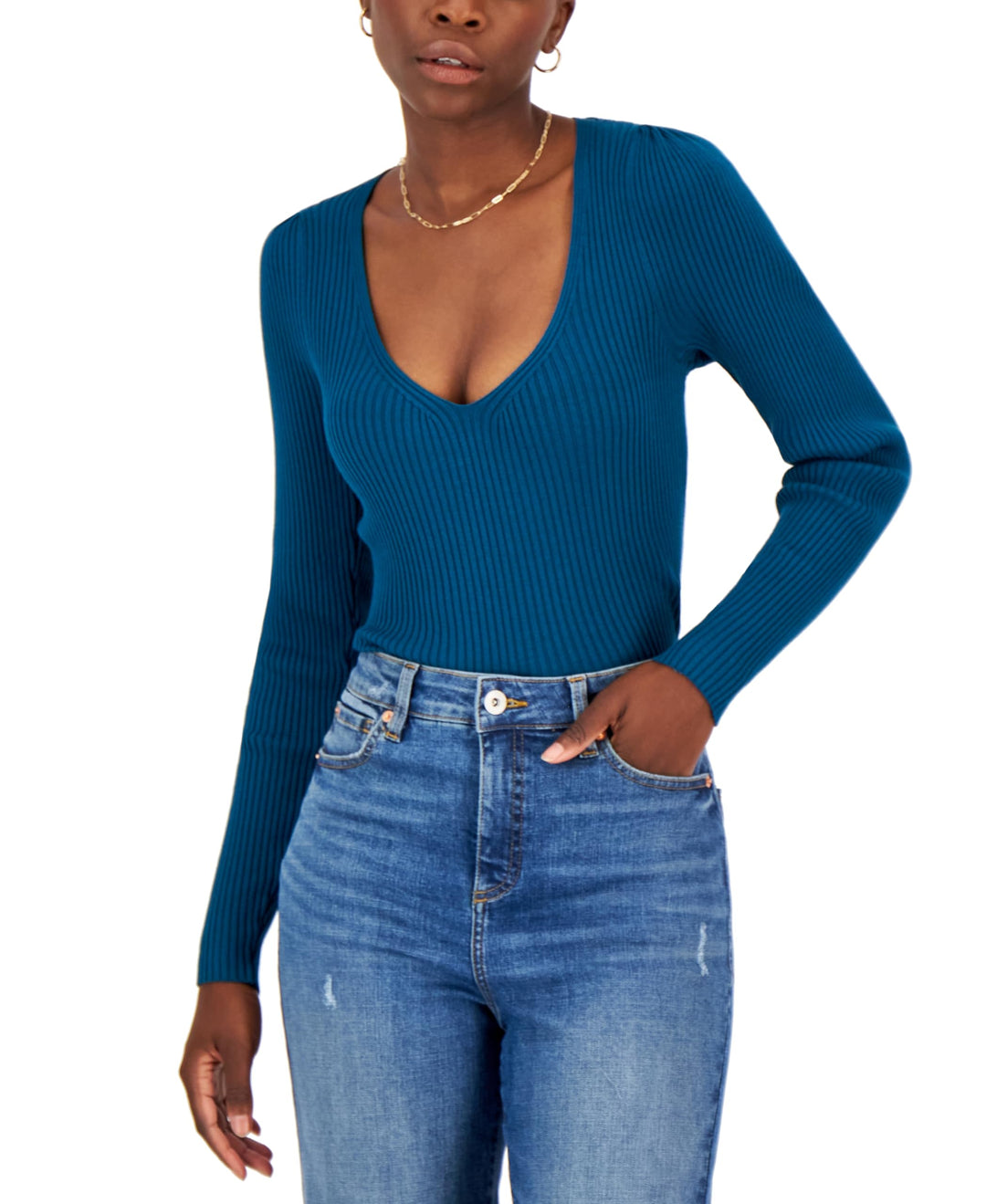 International Concepts Womens Ribbed Puffed Shoulder Sweater