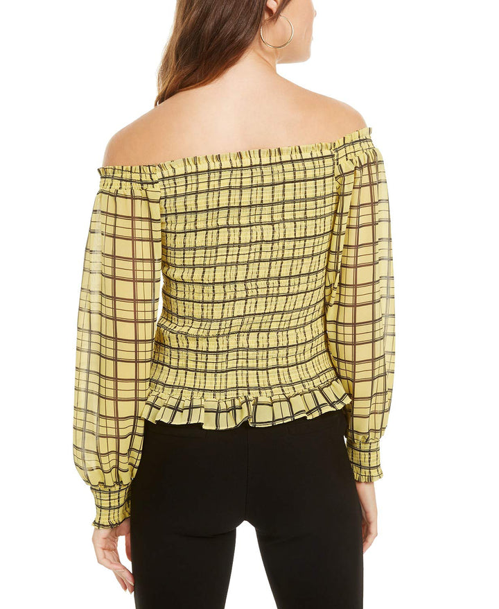 Bar III Plaid Smocked Peasant Top (Winter Plaid, XXL)