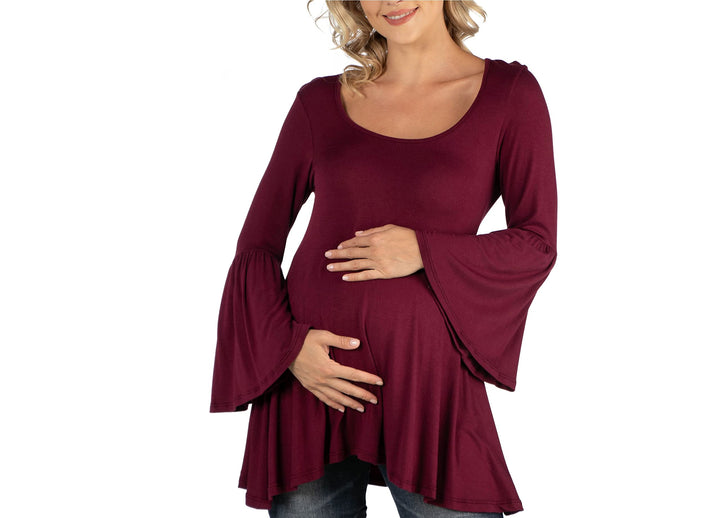 24seven Comfort Apparel Scoop Neck Bell Sleeve Swing Maternity Tunic Top