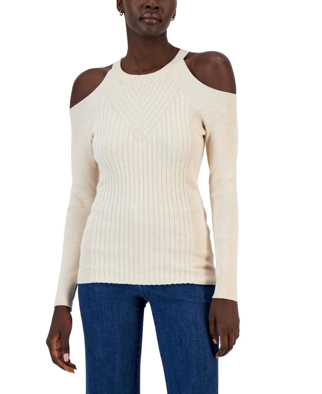 INC International Concepts Womens Ribbed Cold Shoulder Sweater