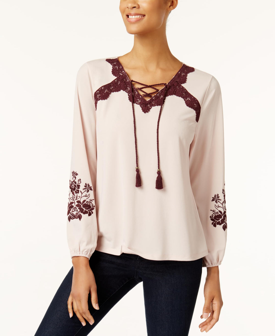 Style & Co Embroidered Lace Up Top