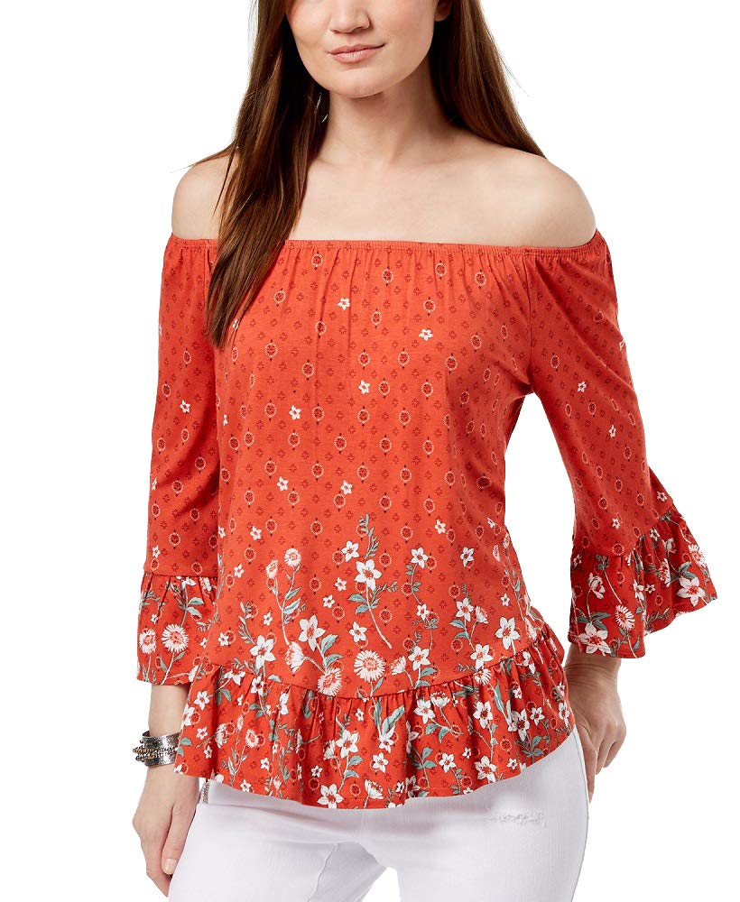 Style & Co Petite Printed Off The Shoulder Flounce Top