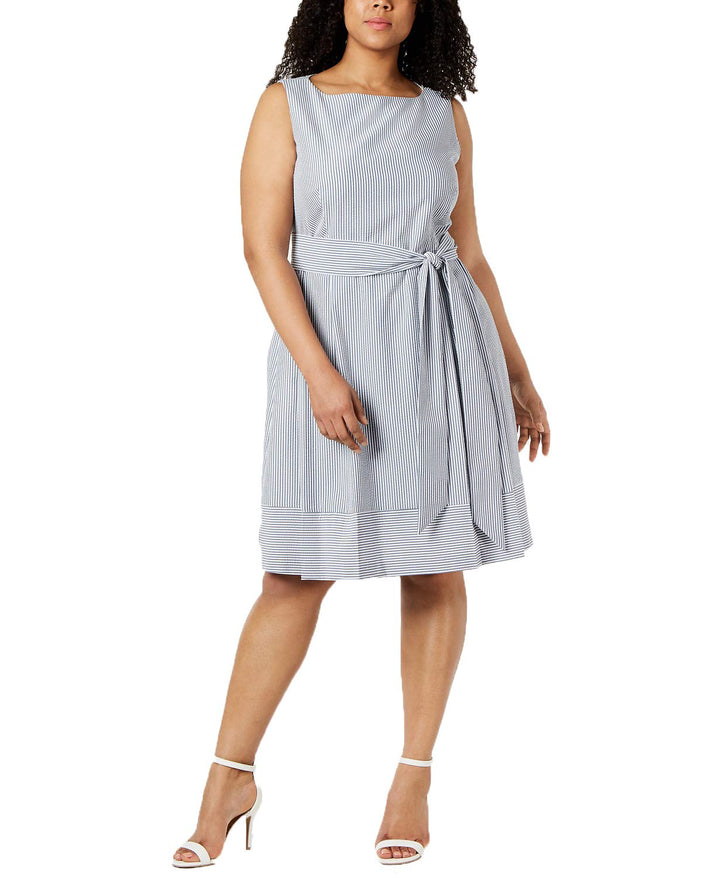 Anne Klein Womens Plus Striped Fit & Flare Midi Dress Gray 24W Anne Klein Womens Plus Striped Fit & Flare Midi Dress Gray 24W