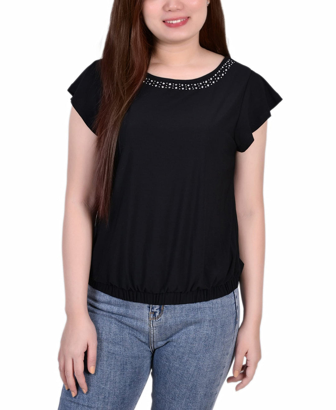 Petite Size Short Flutter Sleeve Top With Studded Neckline