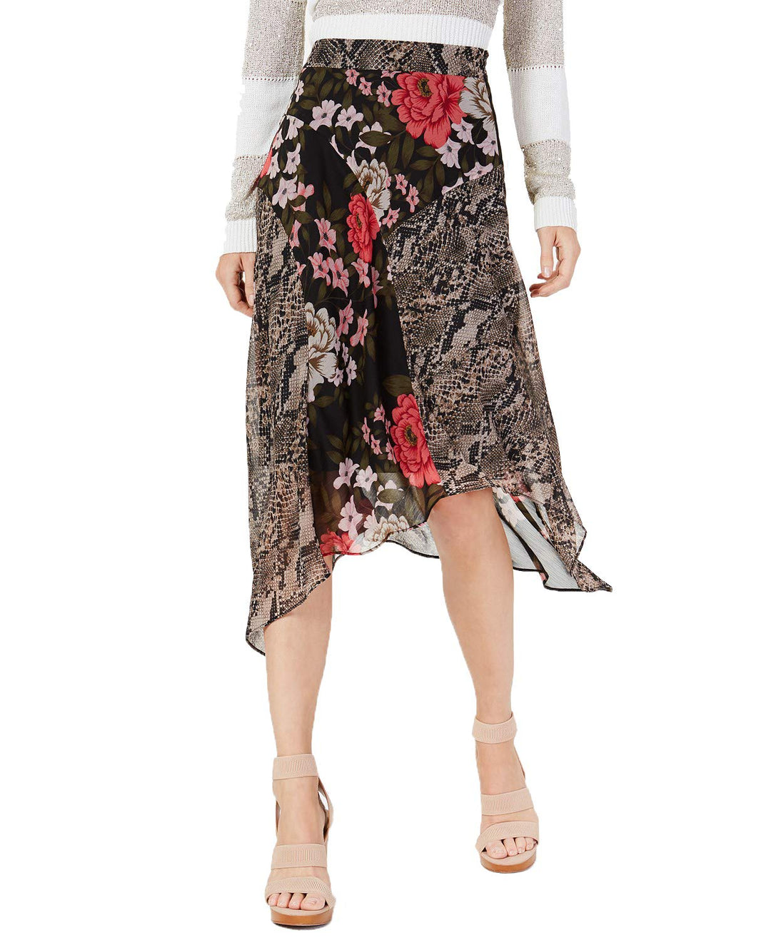 Mixed Print Floral Midi Skirt