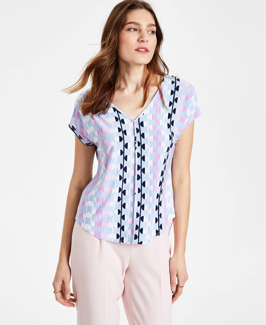 Bar III Printed Seamed V Neck Top