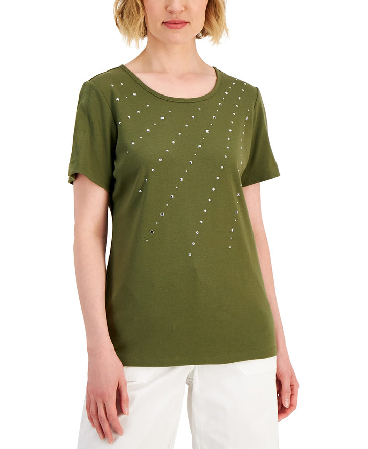 Karen Scott Womens Cotton Embellished Top