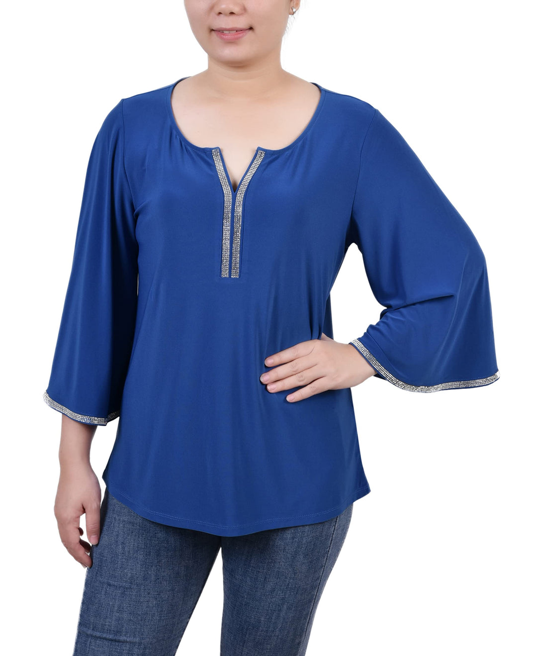 NY Collection Petite 3/4 Bell Sleeve Top With Stones