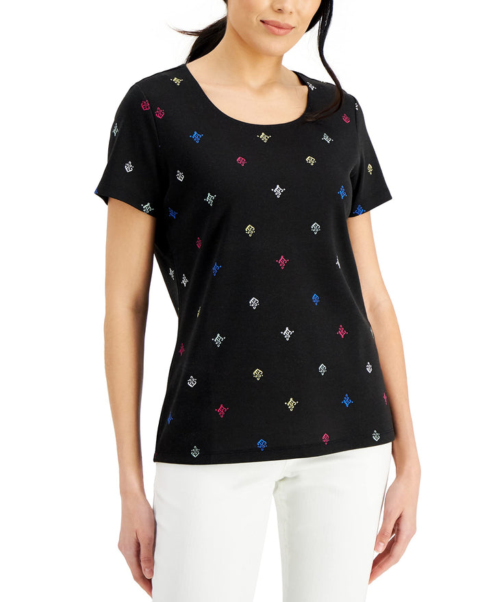Karen Scott Filigree Flight Short Sleeve Scoop Neck Top