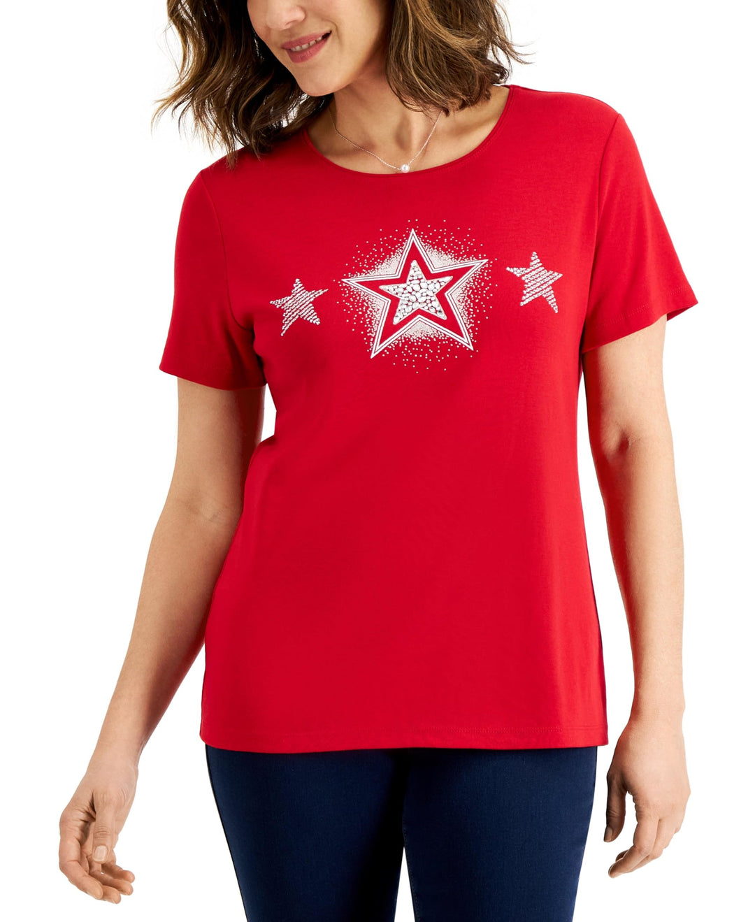 Karen Scott Womens Triple Shine Embellished Graphic T-Shirt