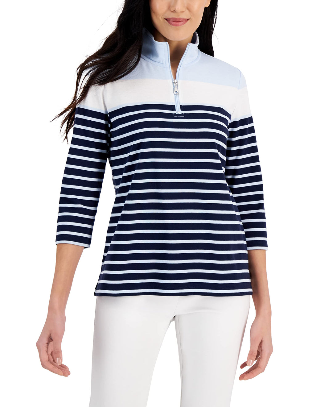 Karen Scott Striped Quarter Zip 3/4 Sleeve Top