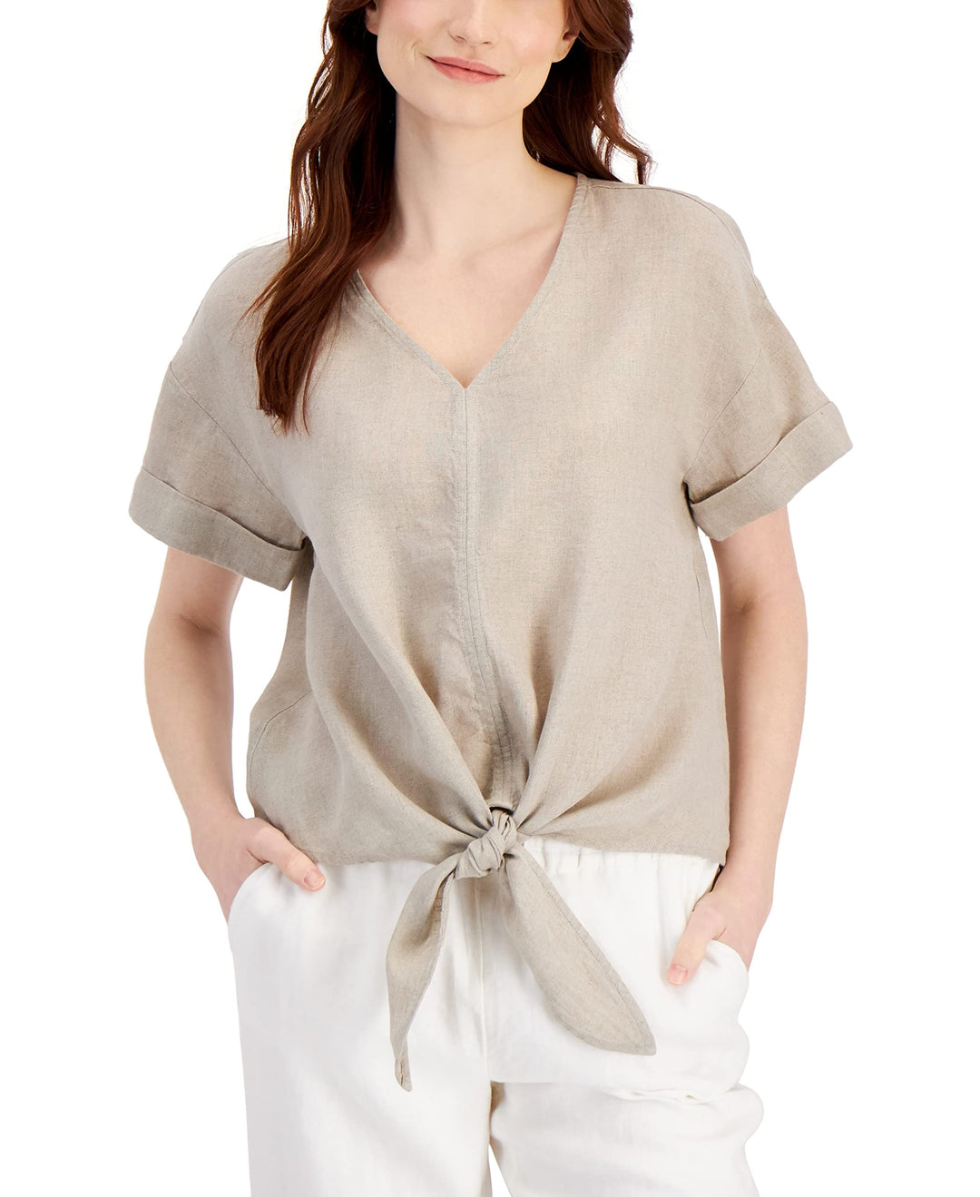 Charter Club Linen Tie-Front Top