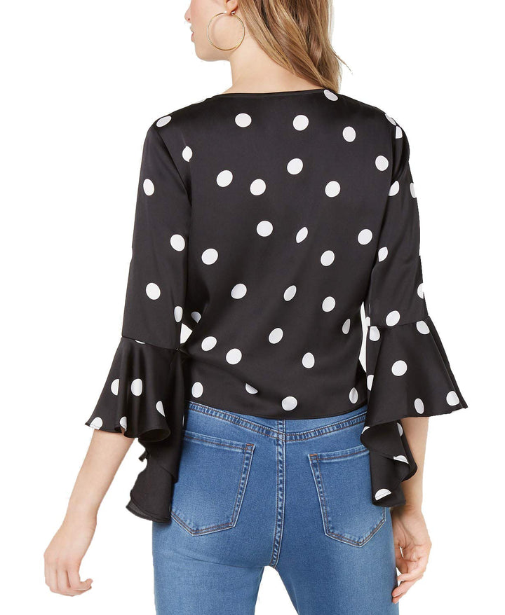 Bar III Dot Print Bell Sleeve Tie Hem Top