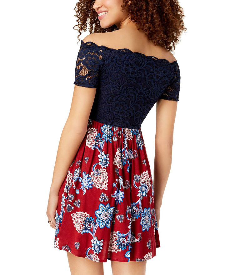 City Studios Juniors Lace Contrast Fit Flare Dress