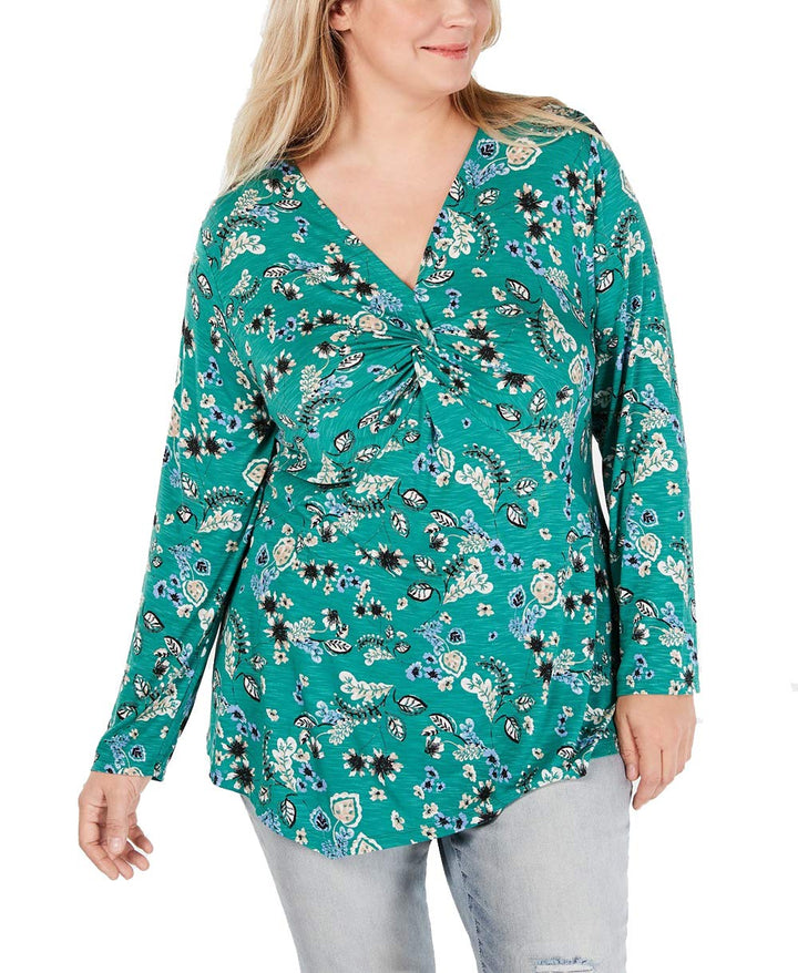 Style & Co Plus Size V Neck Twist Front Floral Print Top