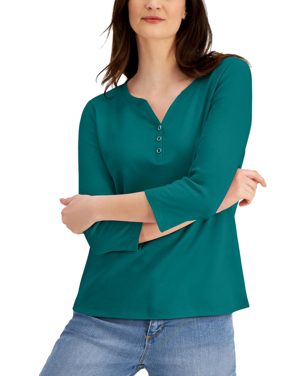 Petite Cotton 3/4-Sleeve Henley Top