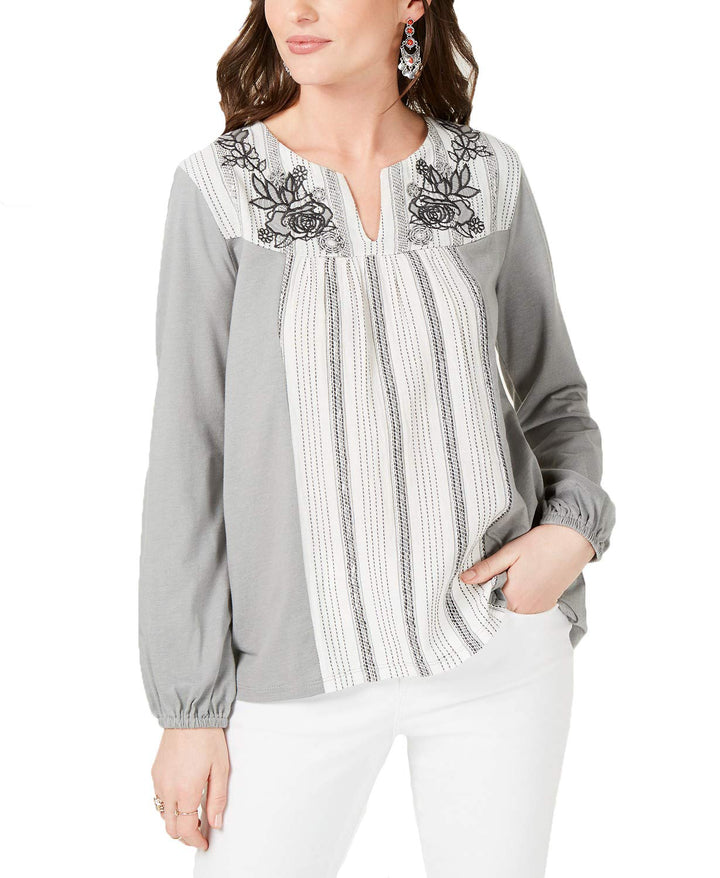 Style & Co Striped Embroidered Split Neck Top